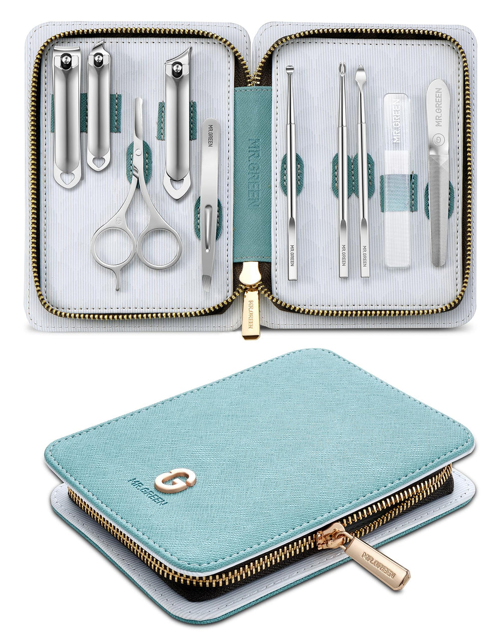 MR.GREEN 10-in-1 leather case closeup shows premium portability for on-the-go grooming.