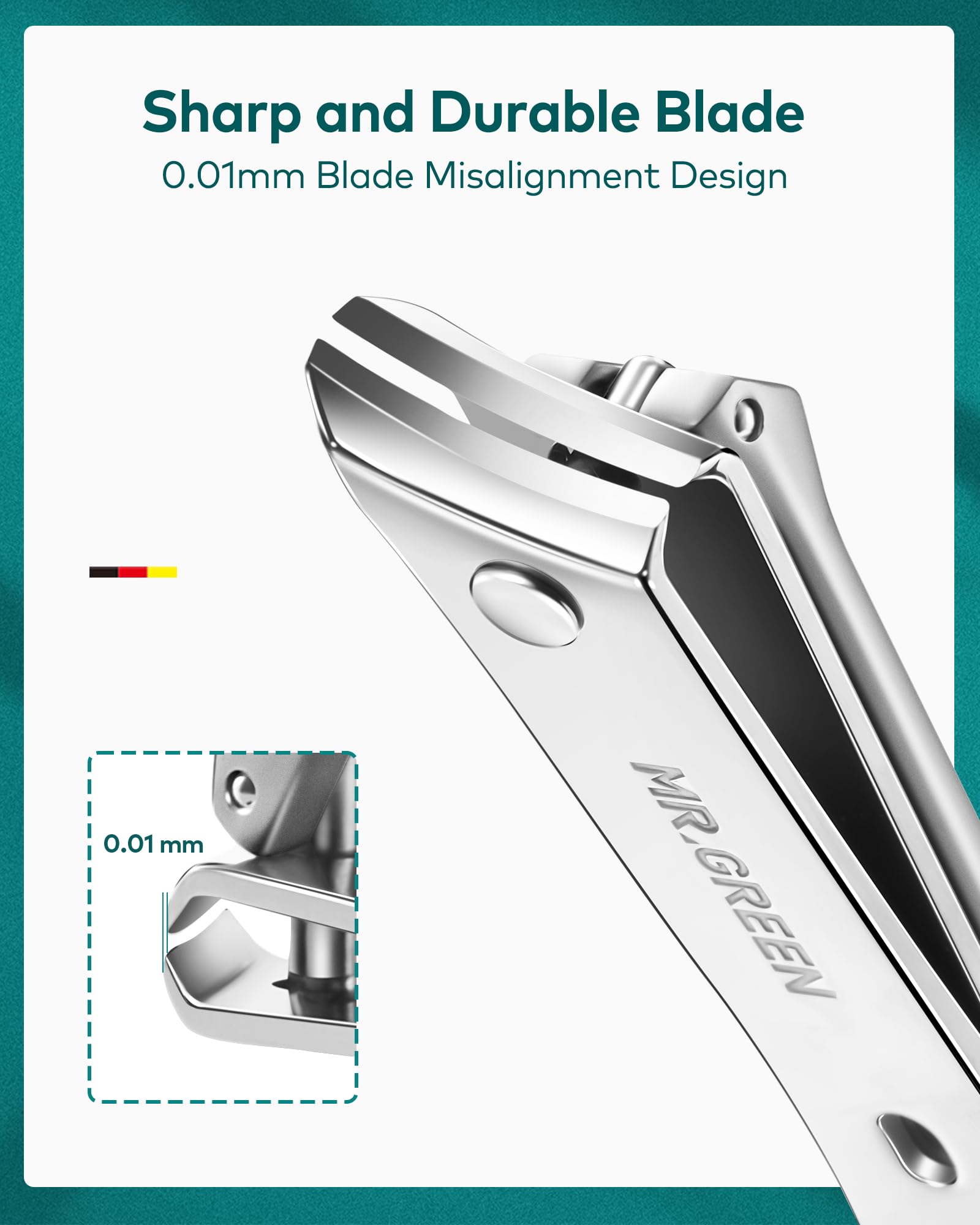 MR.GREEN 10-in-1 nail clippers image highlights precise cuts for clean nails.