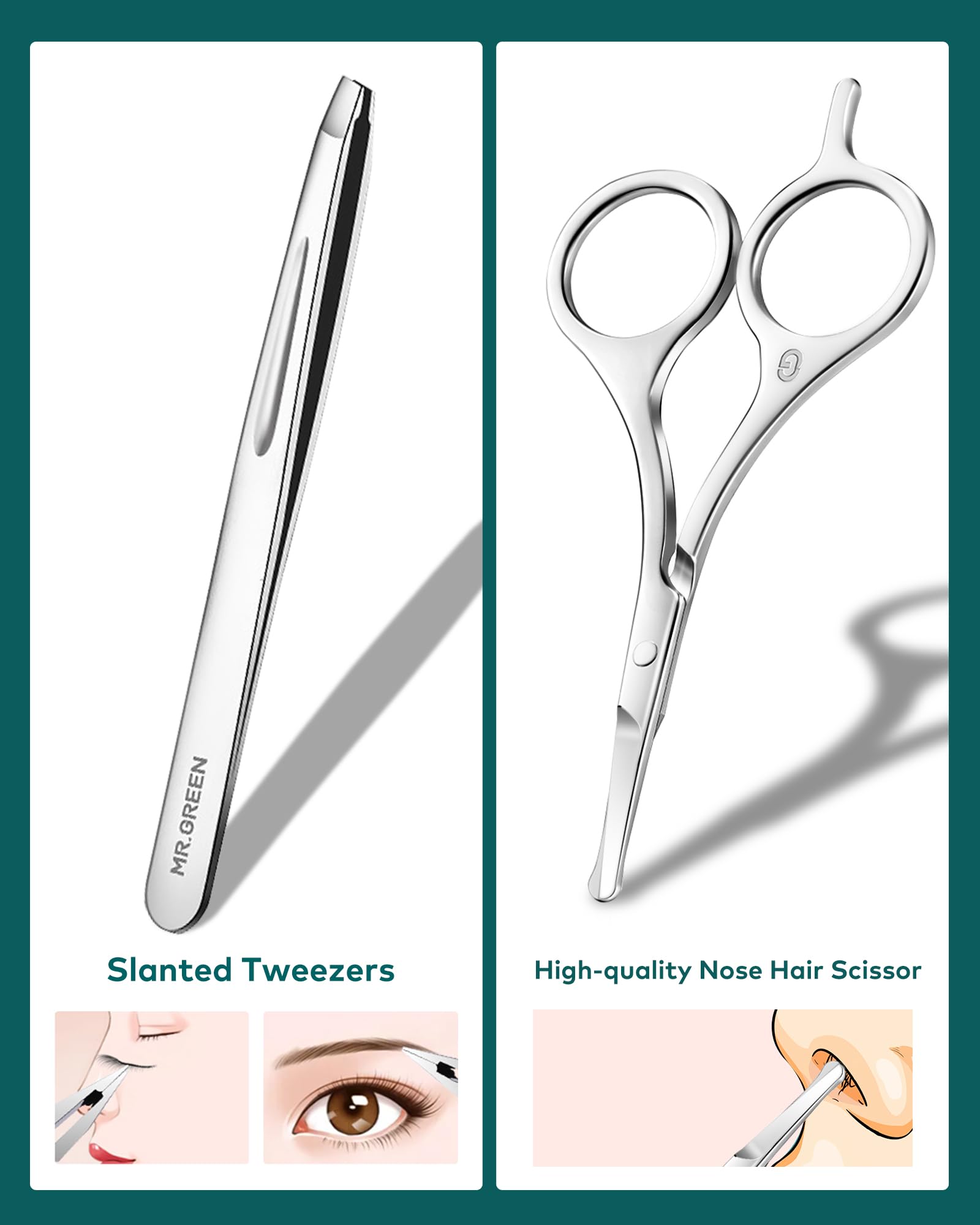 MR.GREEN nose hair clipper illustrates safe trimming in tight spaces.