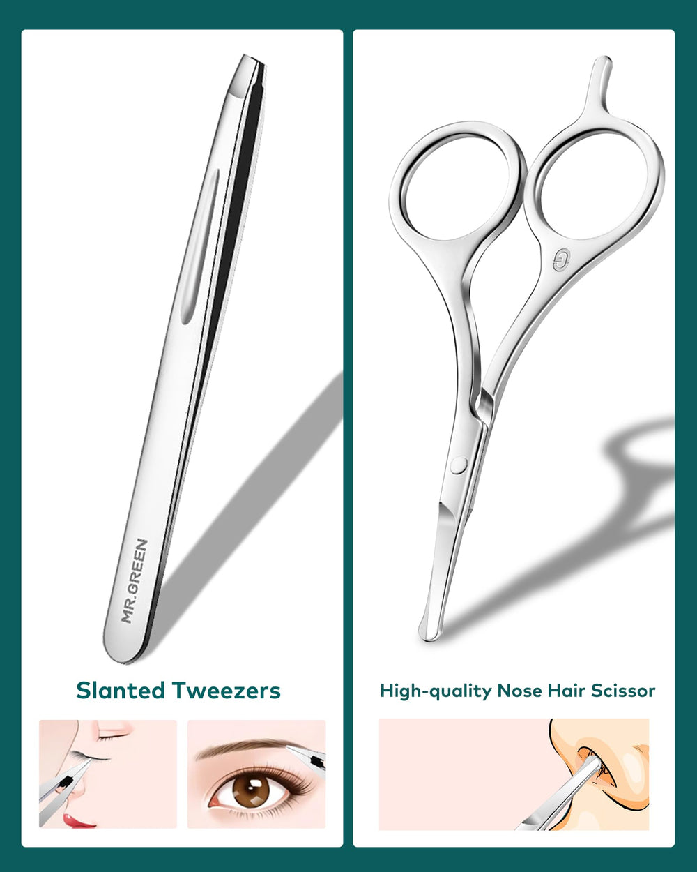 MR.GREEN nose hair clipper illustrates safe trimming in tight spaces.