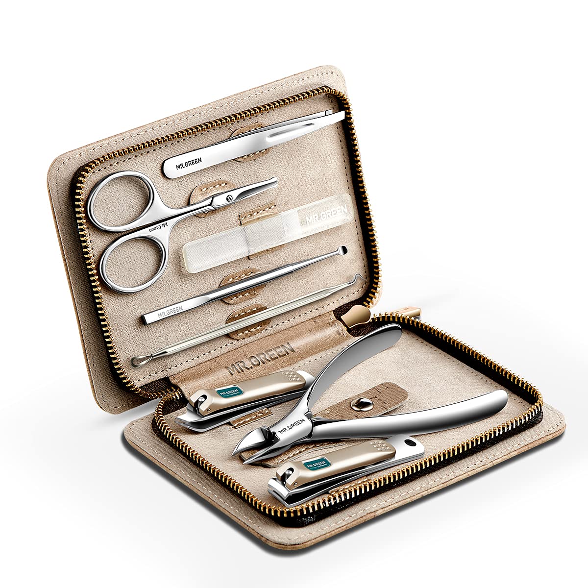 MR.GREEN manicure set in gray PU leather case with stainless steel tools for precise grooming
