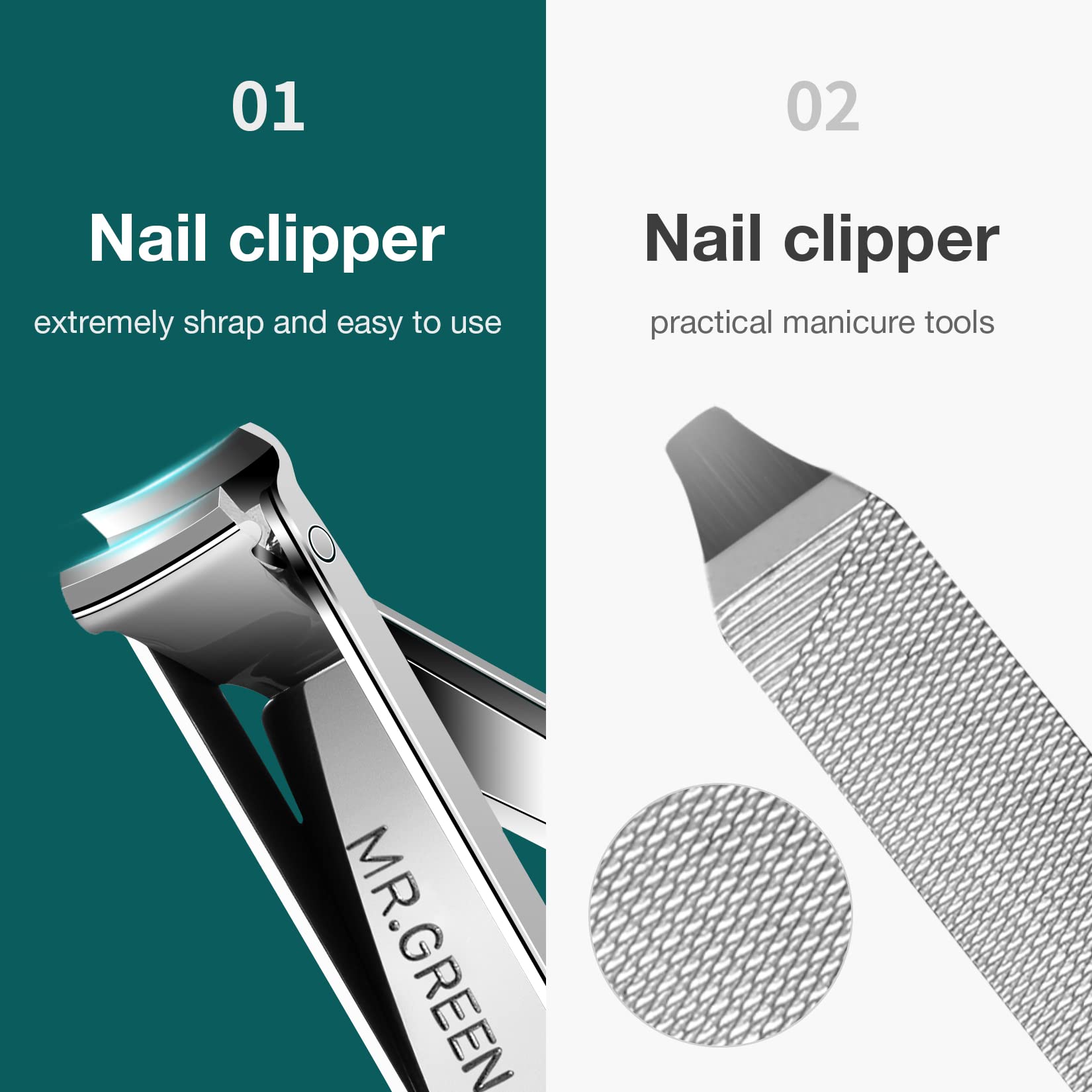 MR.GREEN multifunctional nail clipper with nail-files enables precise edge shaping.