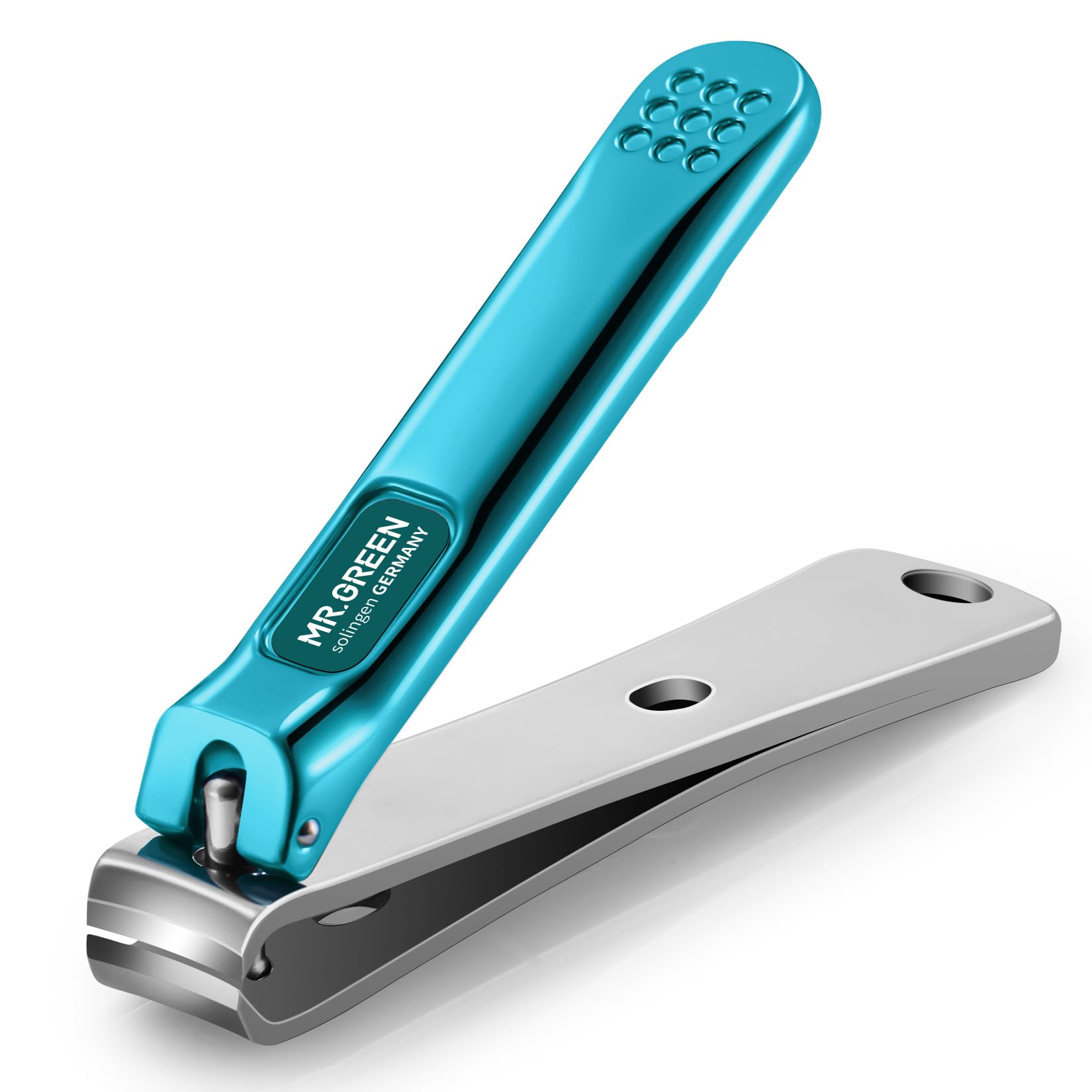 MR.GREEN nail clippers close-up shows curved blades for precise trimming.