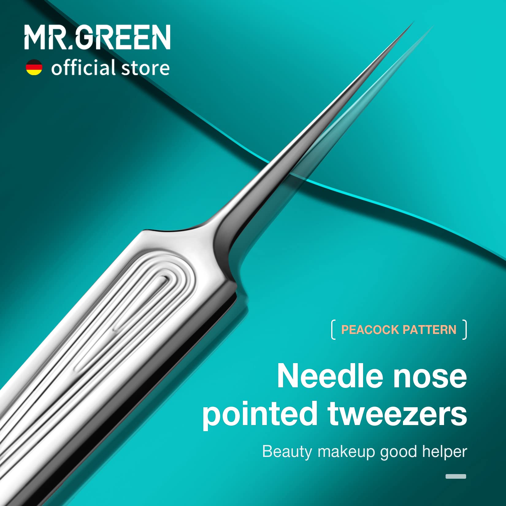 MR.GREEN needle nose tweezers provide focused tip access for eyebrow shaping and splinter removal.