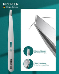 MR.GREEN tweezers eyebrow tweezing demonstrated for precise facial hair.