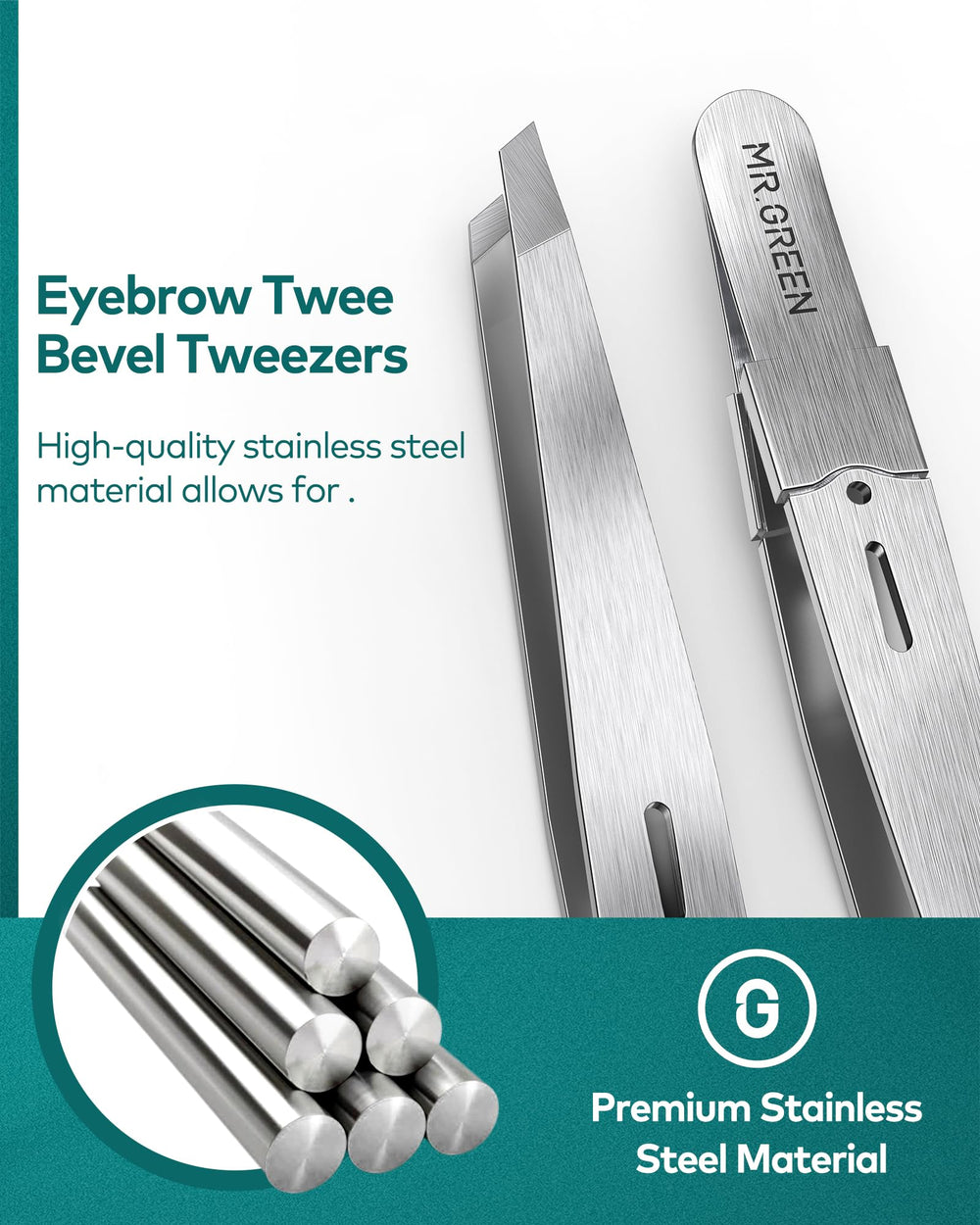MR.GREEN tweezers precision tips enabling delicate brow work.