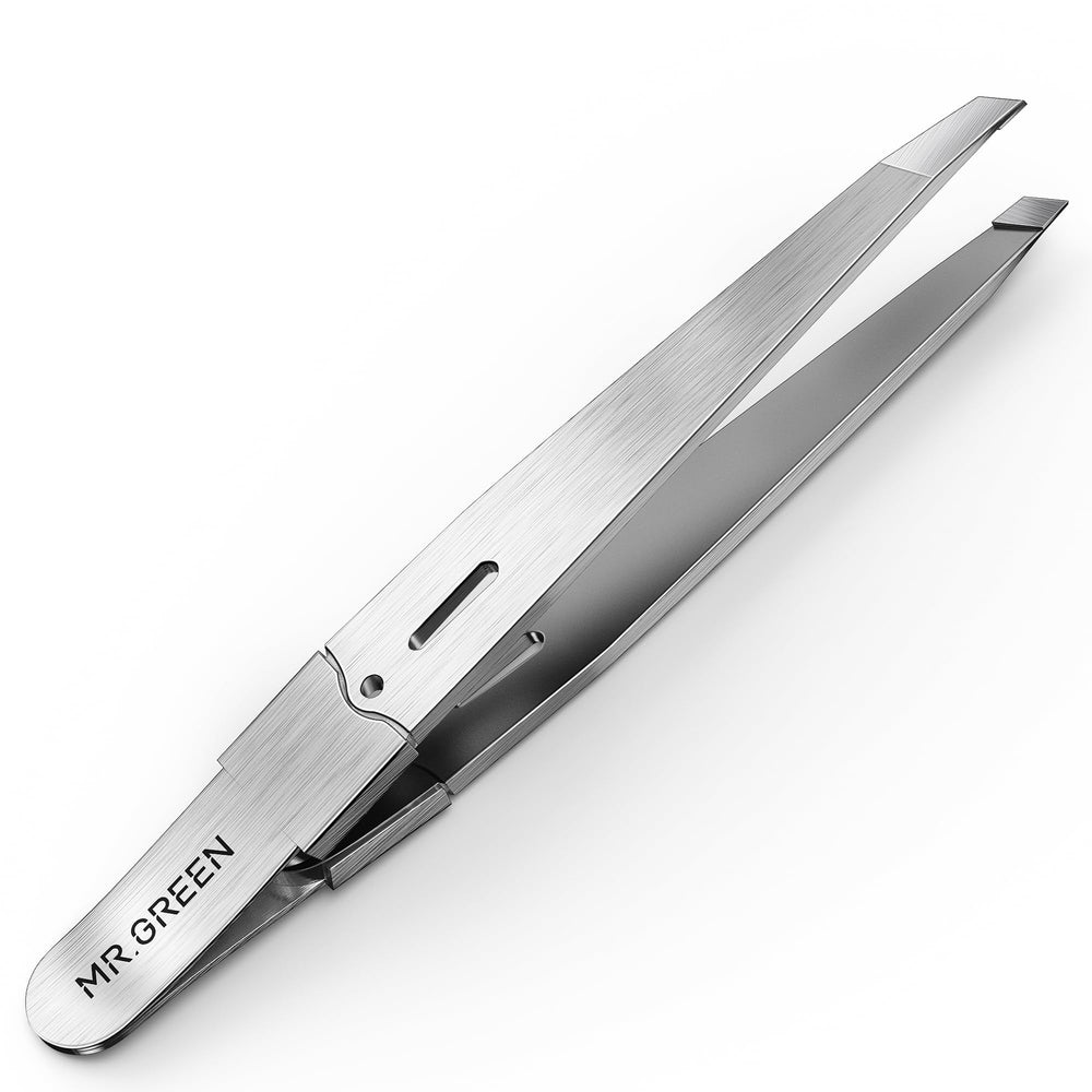 MR.GREEN tweezers close-up with slant tip for precise shaping.