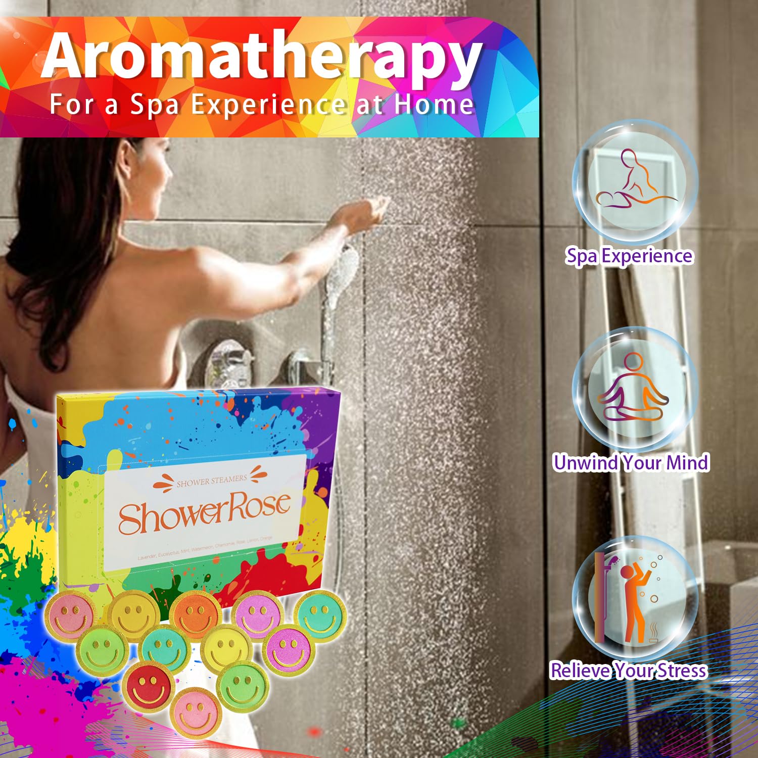 MR MIRYE rose fragrance shower steamer on bathroom shelf highlights mood-boosting self-care.