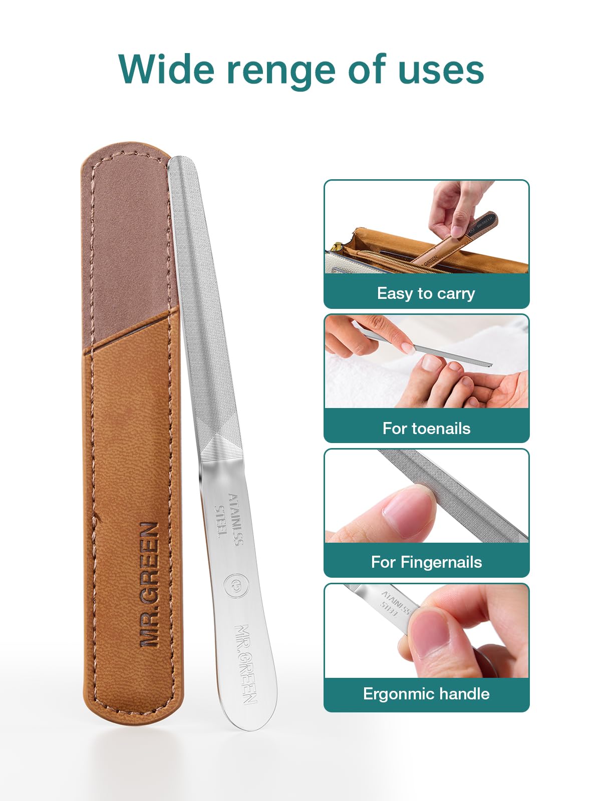 MR.GREEN Curved Nail File washable-reusable image illustrates easy cleaning after use.