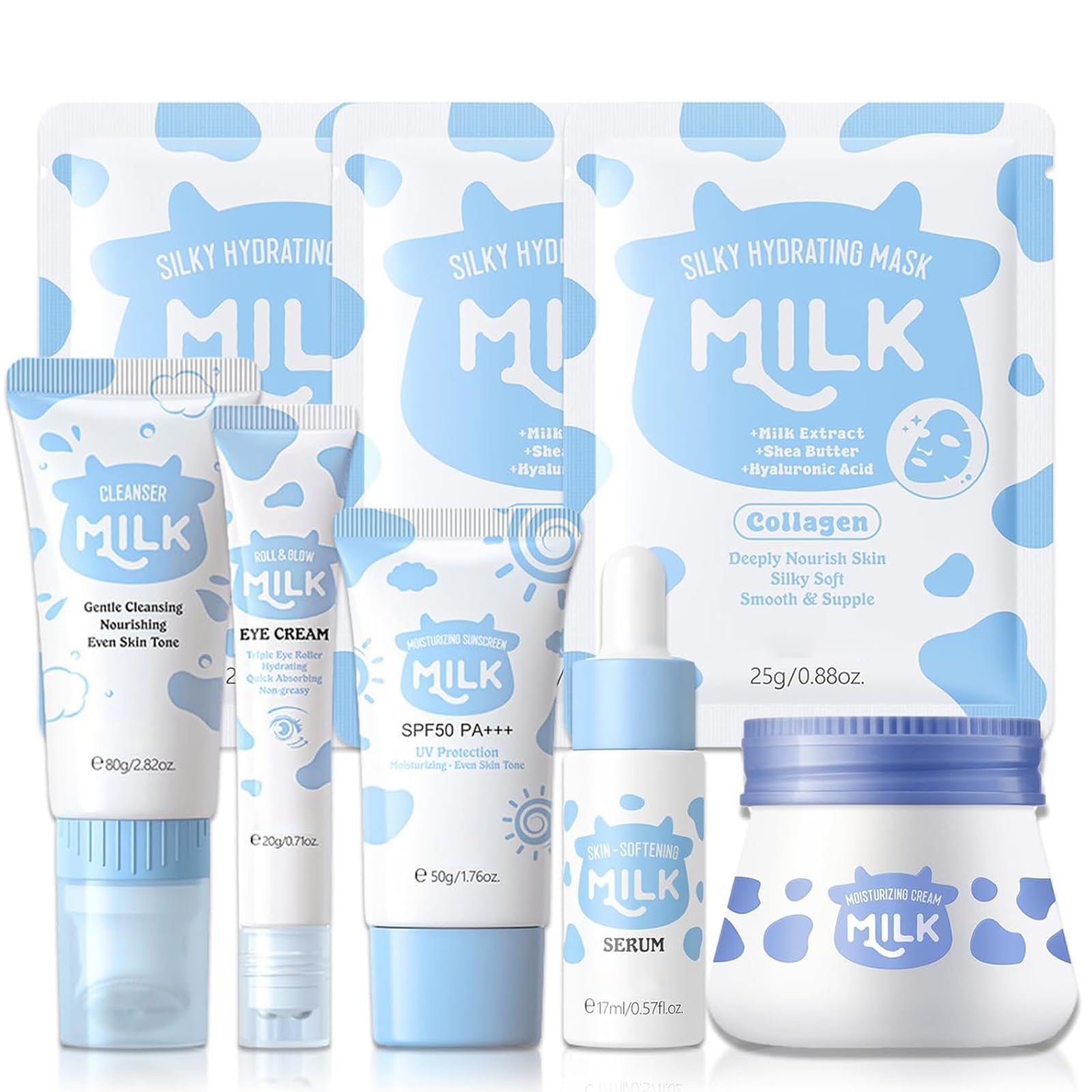 MrCuvaryas Milk Skincare Set packaging shows the 8-piece kit for daily hydration