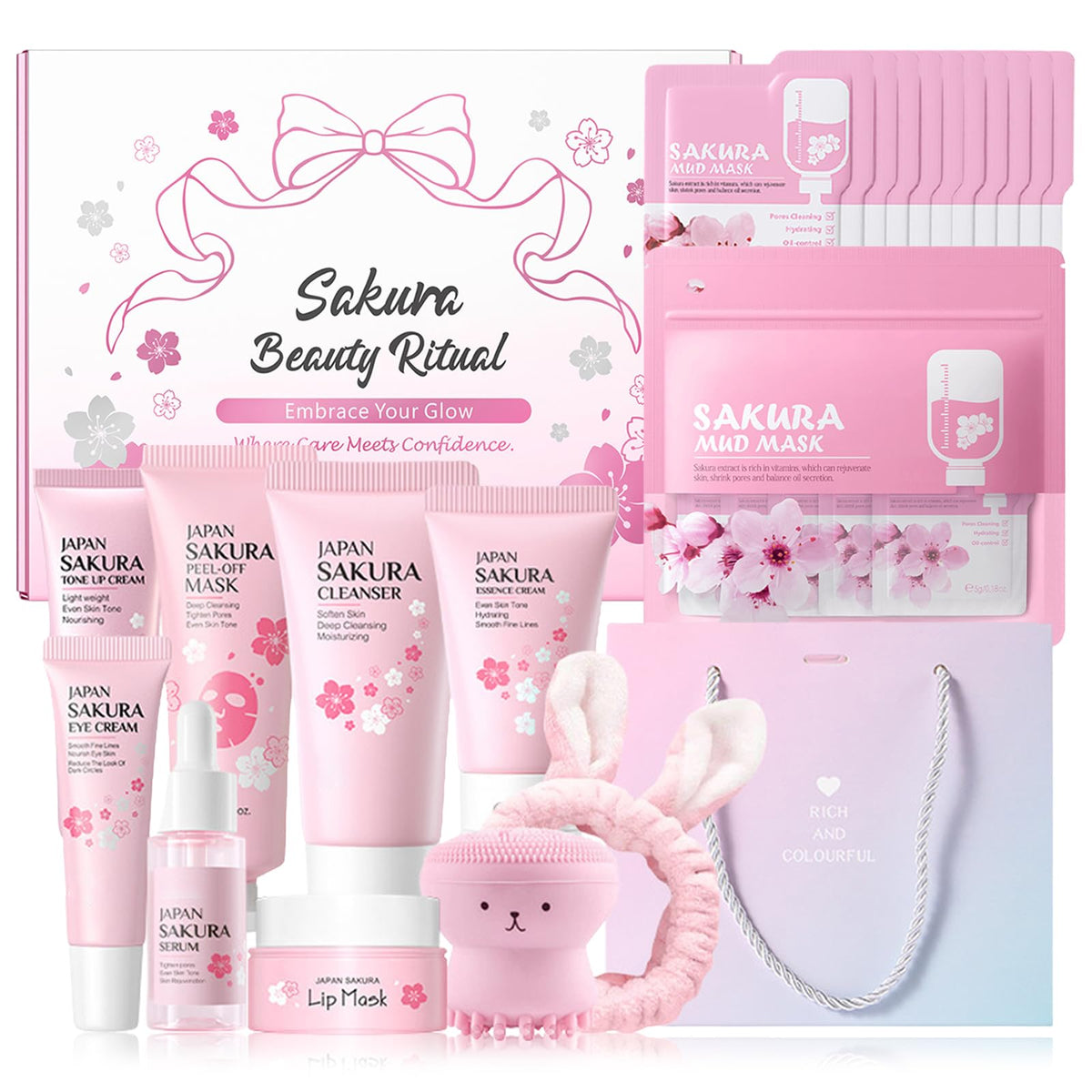 MrCuvaryas Sakura skincare set packaging, gift-ready box for pampering routines.