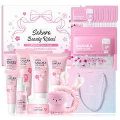 MrCuvaryas Sakura skincare set packaging, gift-ready box for pampering routines.