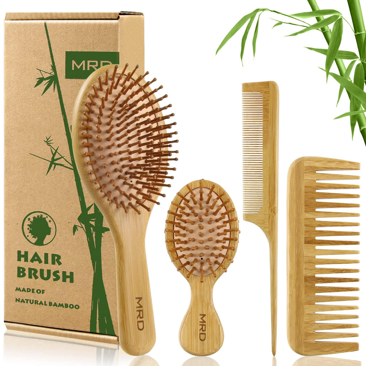 MRD Hair Brush Set paddle detangler with bamboo pins for gentle detangling and shine.