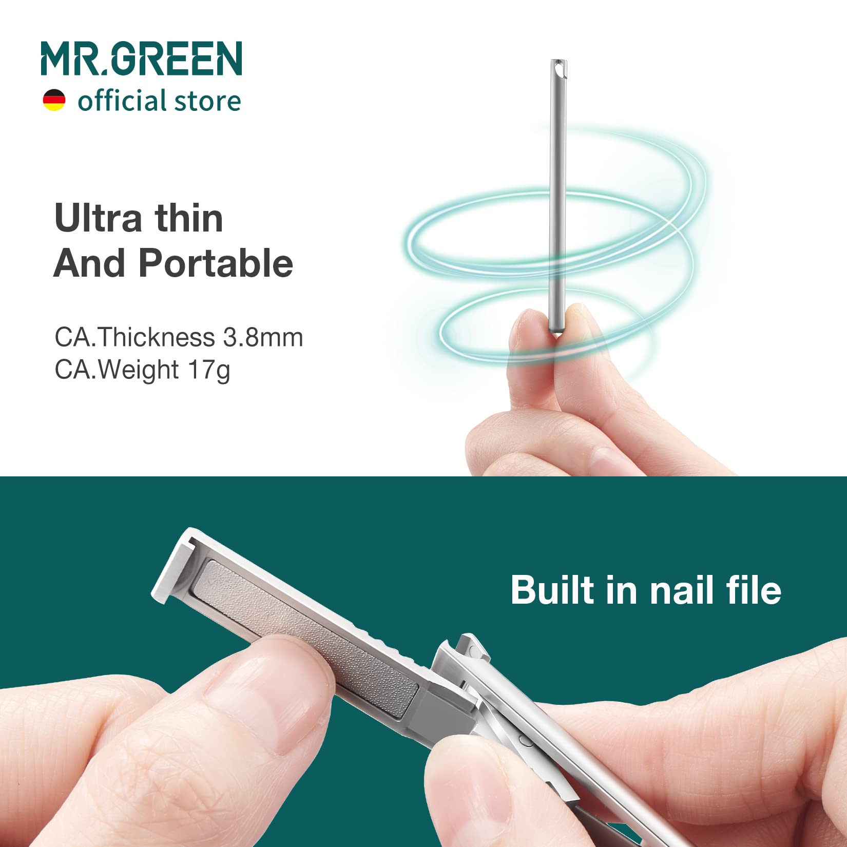 MR.GREEN ultra-thin nail clipper weighs 17g for travel-friendly use