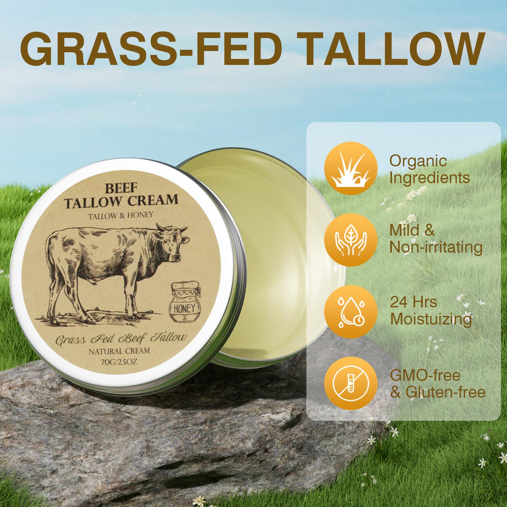 Beef tallow and honey balm texture for easy skin absorption.