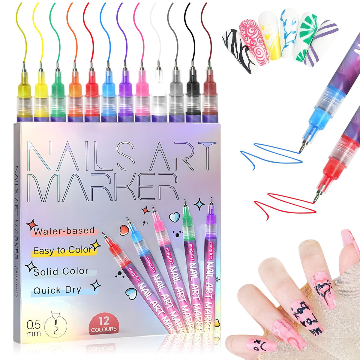 Mrryiio 12-color nail art pens set displays vibrant hues for precise DIY designs