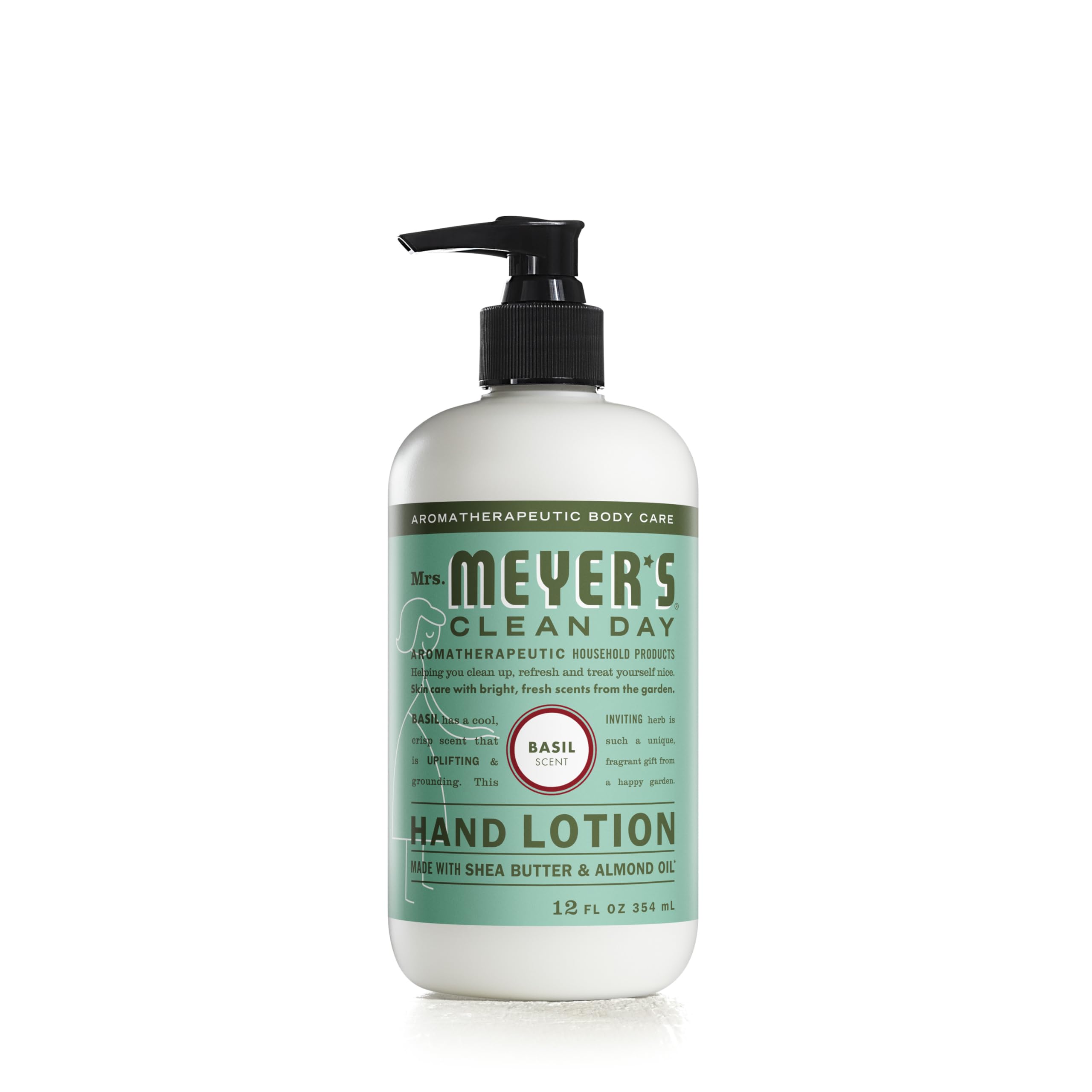 Mrs. Meyer's Basil Hand Lotion bottle on shelf for everyday moisture