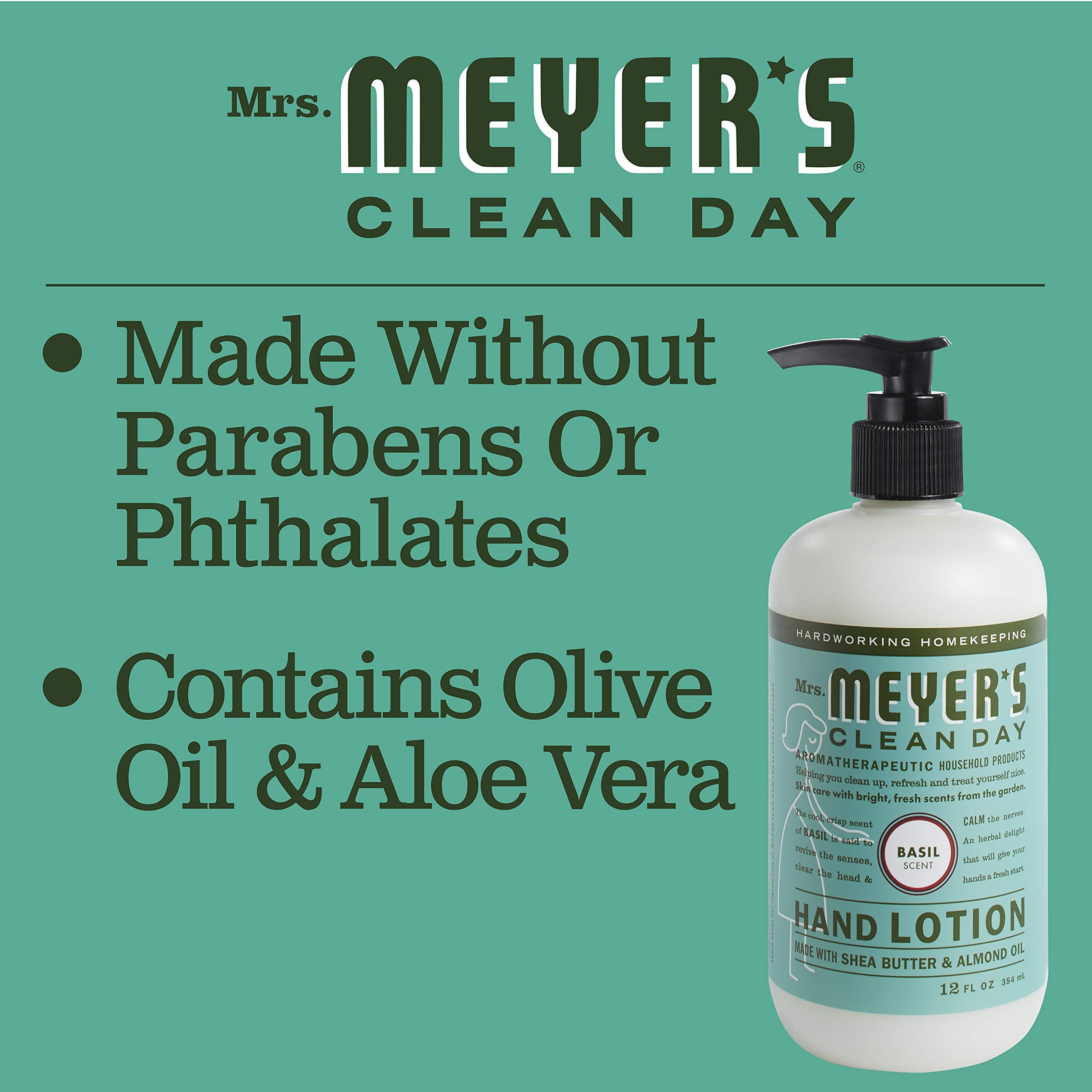 Mrs. Meyer's Basil Hand Lotion packaging emphasizes cruelty-free Leaping Bunny status