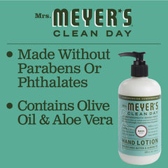 Mrs. Meyer's Basil Hand Lotion packaging emphasizes cruelty-free Leaping Bunny status