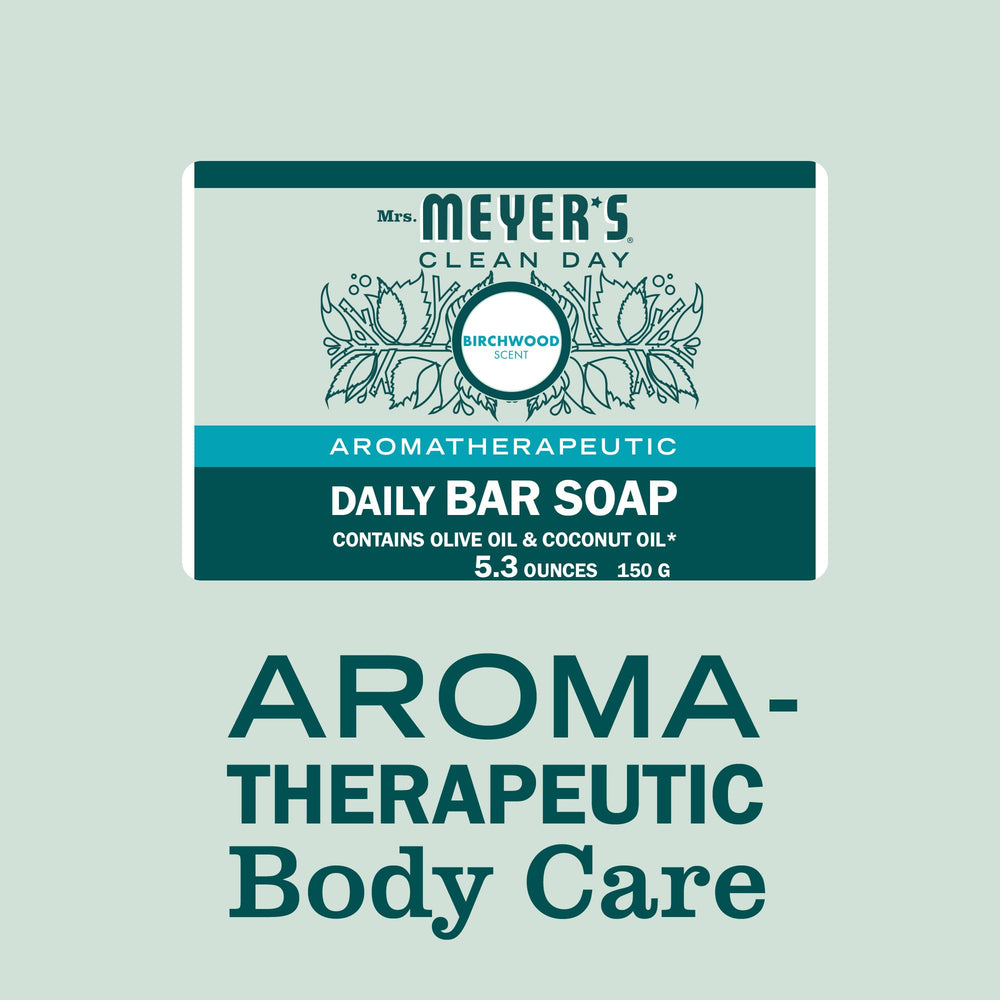 Mrs. Meyer's Birchwood bar soap on sink emphasizes versatile hand and body use.