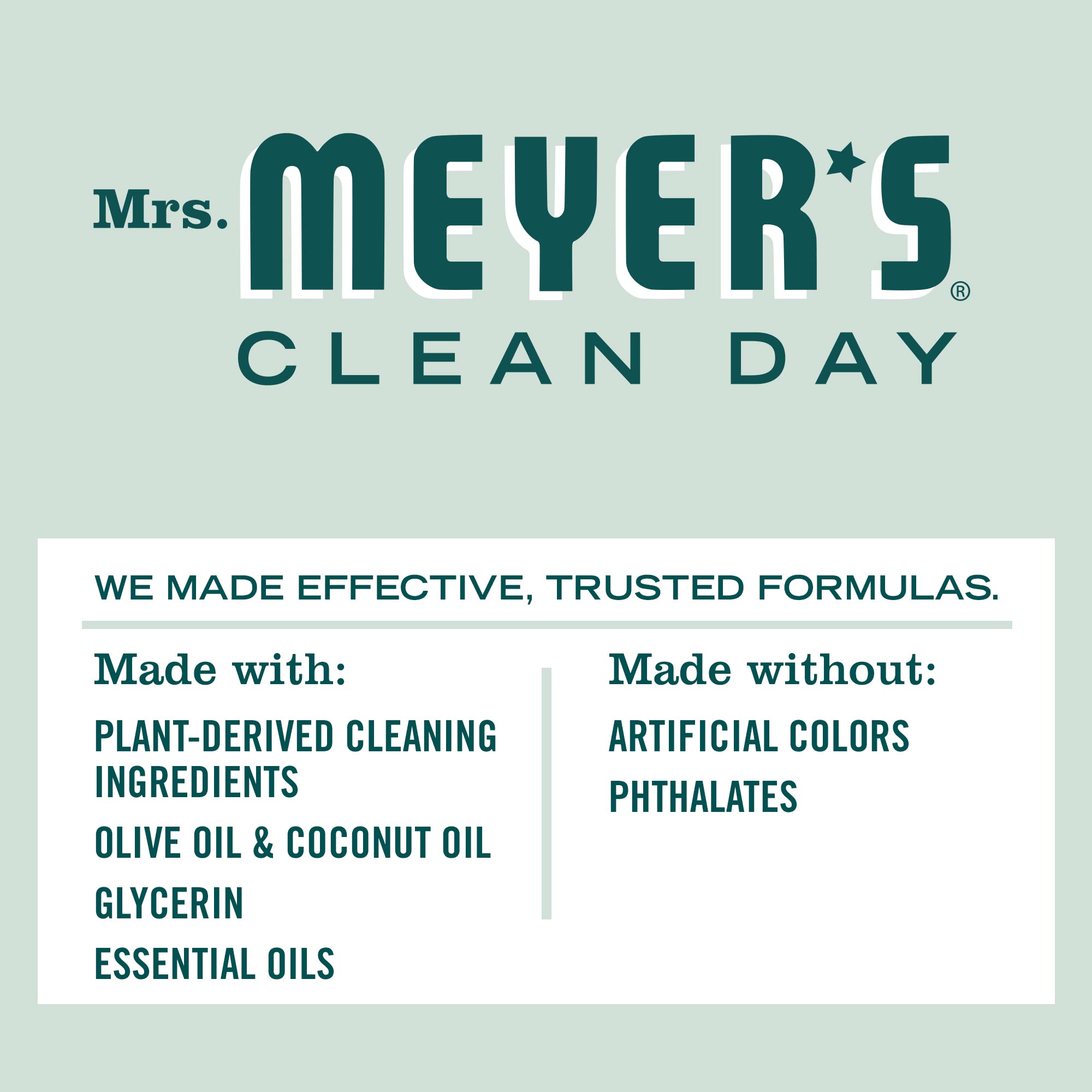 Mrs. Meyer's Birchwood bar soap ingredients close-up highlights essential oils and olive oil.