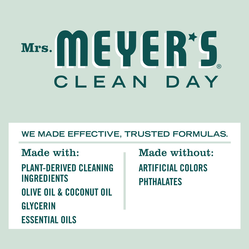 Mrs. Meyer's Birchwood bar soap ingredients close-up highlights essential oils and olive oil.