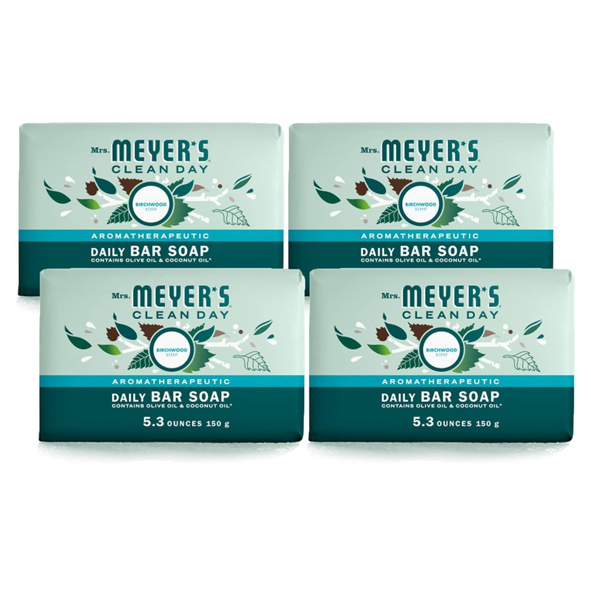 Mrs. Meyer's Birchwood bar soap packaging with eco-friendly wrapper for body and hand care.