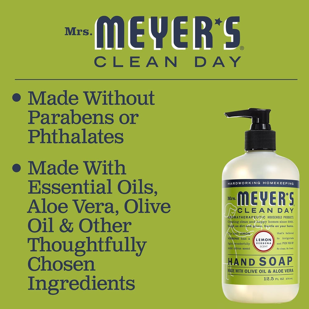 Bathroom shelf shows multiple Mrs. Meyer's soaps for daily hand care.