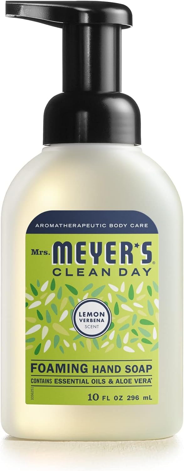 Mrs. Meyer's Clean Day Lemon Verbena bottle highlights a moisturizing formula for soft, refreshed hands.