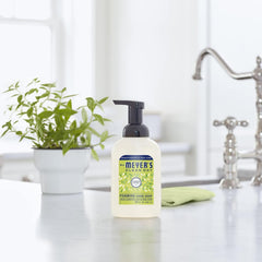 Olive oil and aloe closeup on Mrs. Meyer's hand soap highlights skin-friendly hydration.