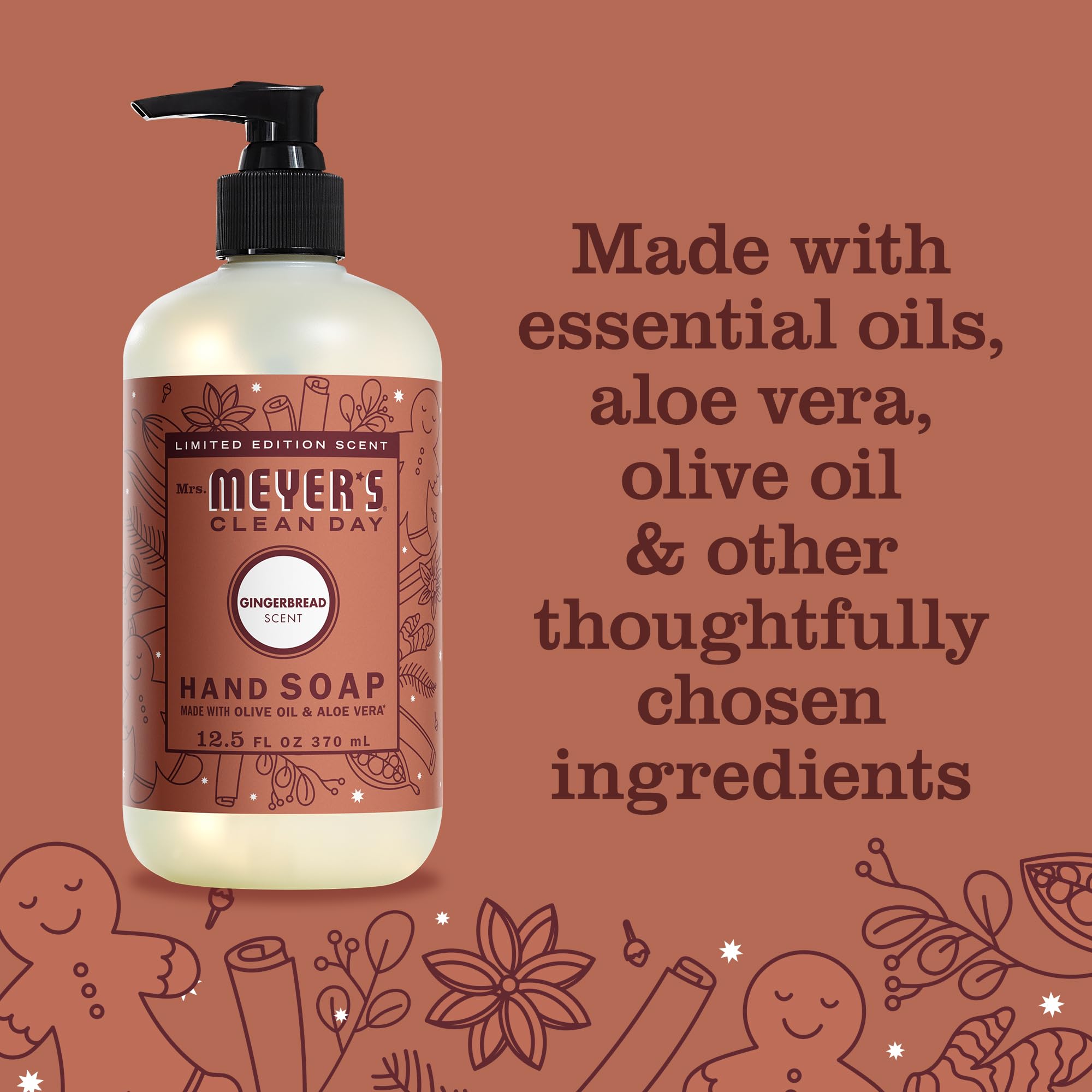 Mrs. Meyer's Gingerbread ingredients badge showing olive oil and aloe vera
