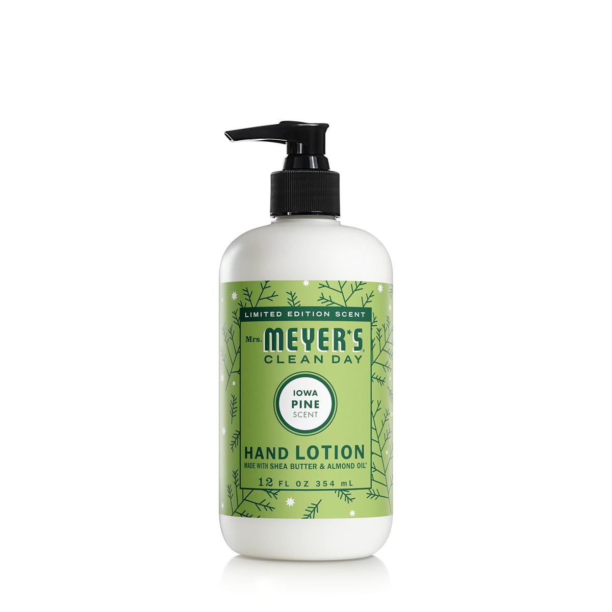 Mrs. Meyer's Clean Day Iowa Pine hand lotion bottle highlights a non-greasy formula for dry hands
