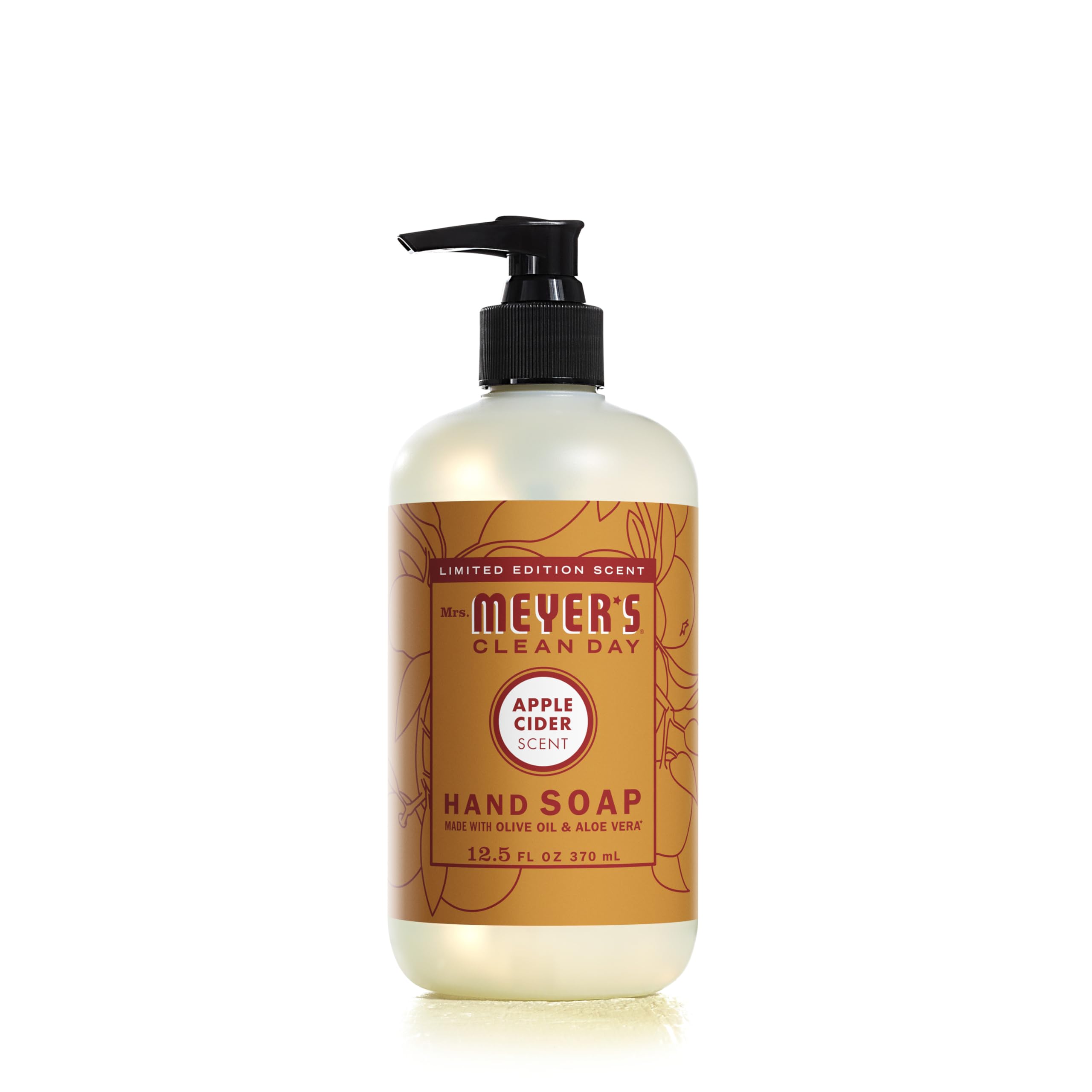 Mrs. Meyer's Clean Day Apple Cider hand soap bottle offers a gentle cleanse for busy hands.