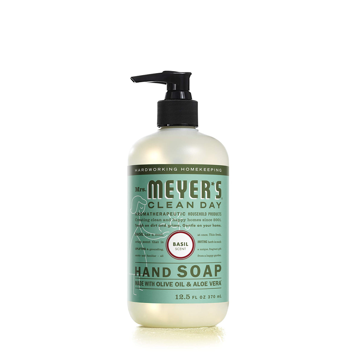 Mrs. Meyer's Clean Day Basil hand soap bottle with uplifting scent for daily cleansing