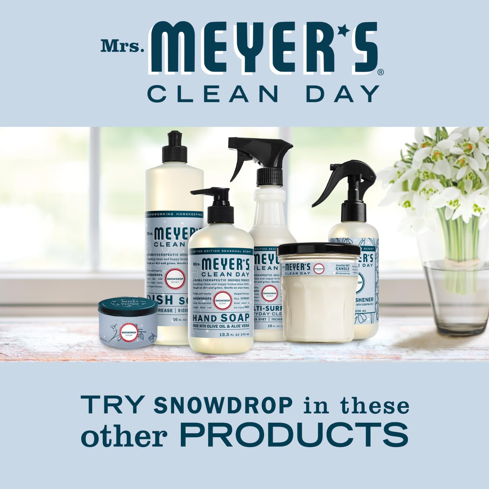 Mrs. Meyer's Clean Day Snowdrop hand soap close-up reveals hydrating formula.