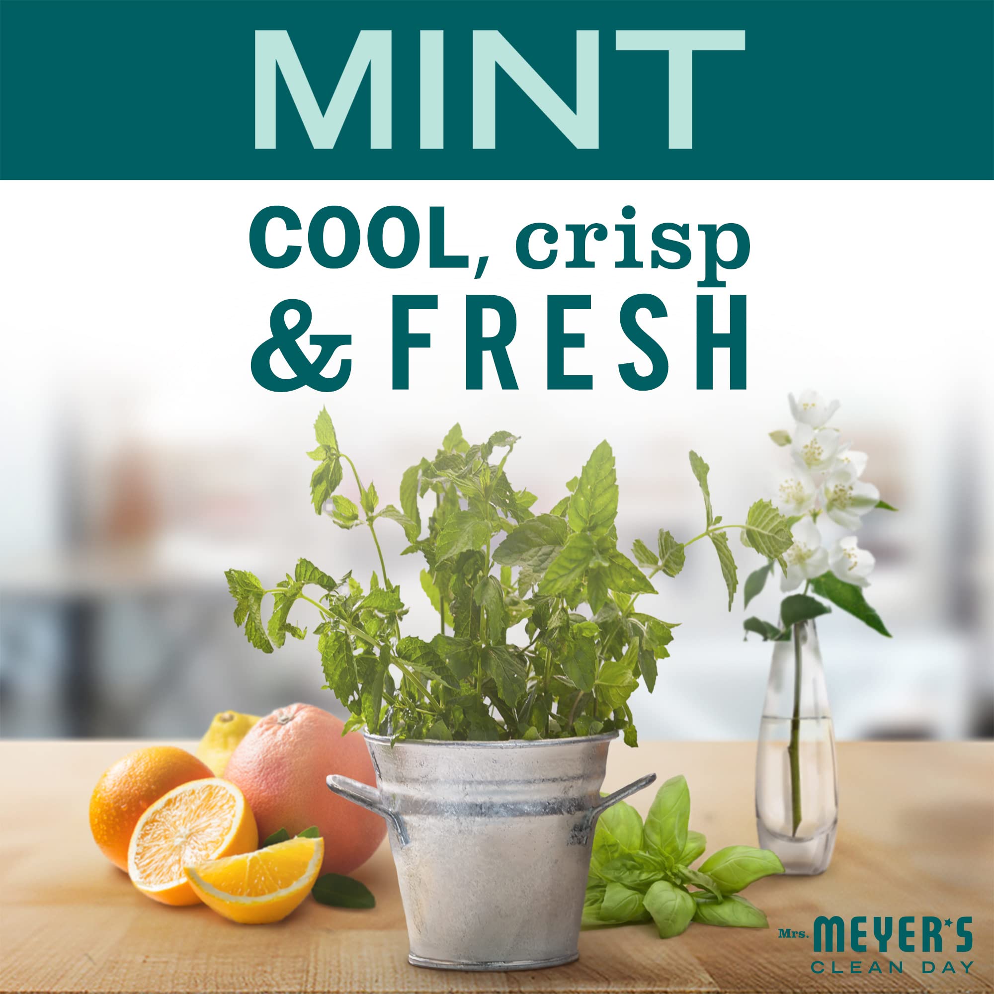 Mrs. Meyer's cruelty-free Leaping Bunny logo signals ethical formula.