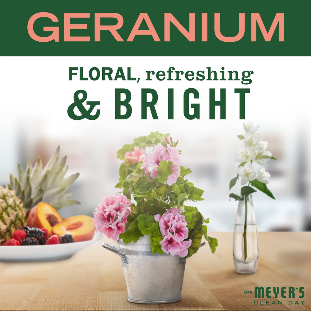 Mrs. Meyer's Clean Day Geranium refill label highlighting cruelty-free and parabens-free messaging