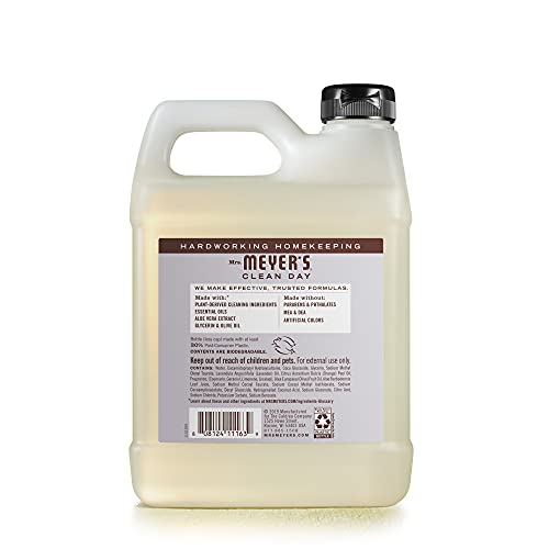 Mrs. Meyer's Clean Day lavender label closeup highlights cruelty-free, plant-based formula.