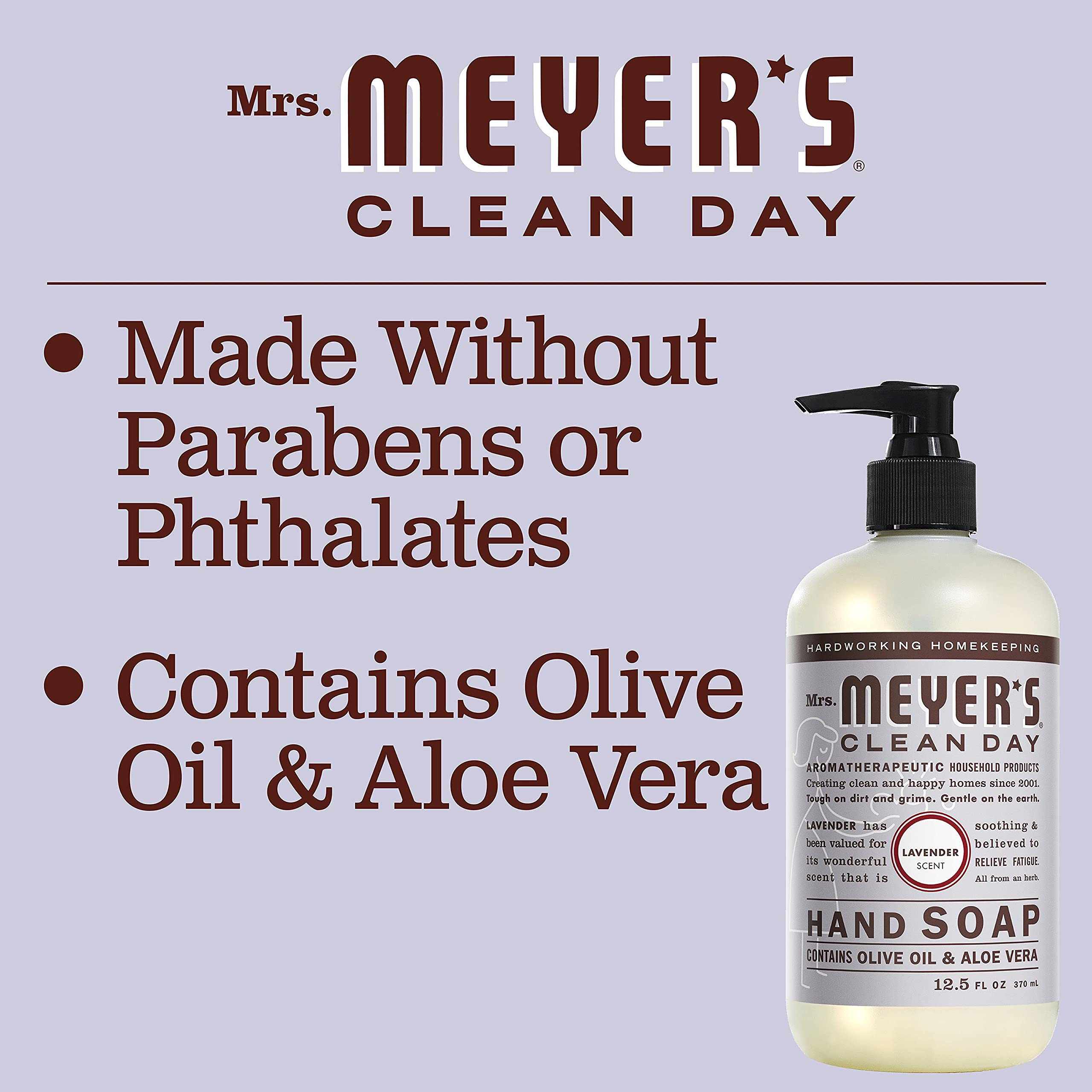 Mrs. Meyer's lavender ingredients panel emphasizes olive oil and essential oils.