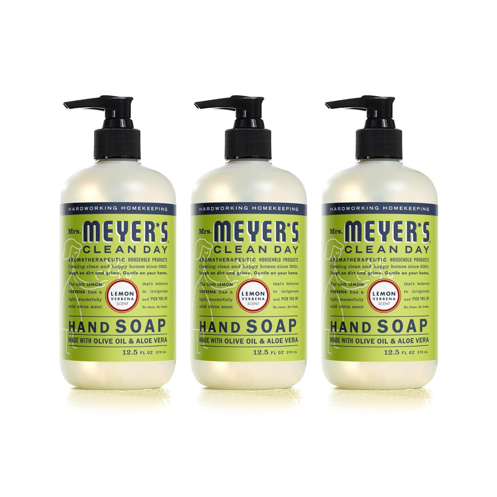 Mrs. Meyer's Clean Day Lemon Verbena bottle with bright citrus fragrance for refreshed hands.