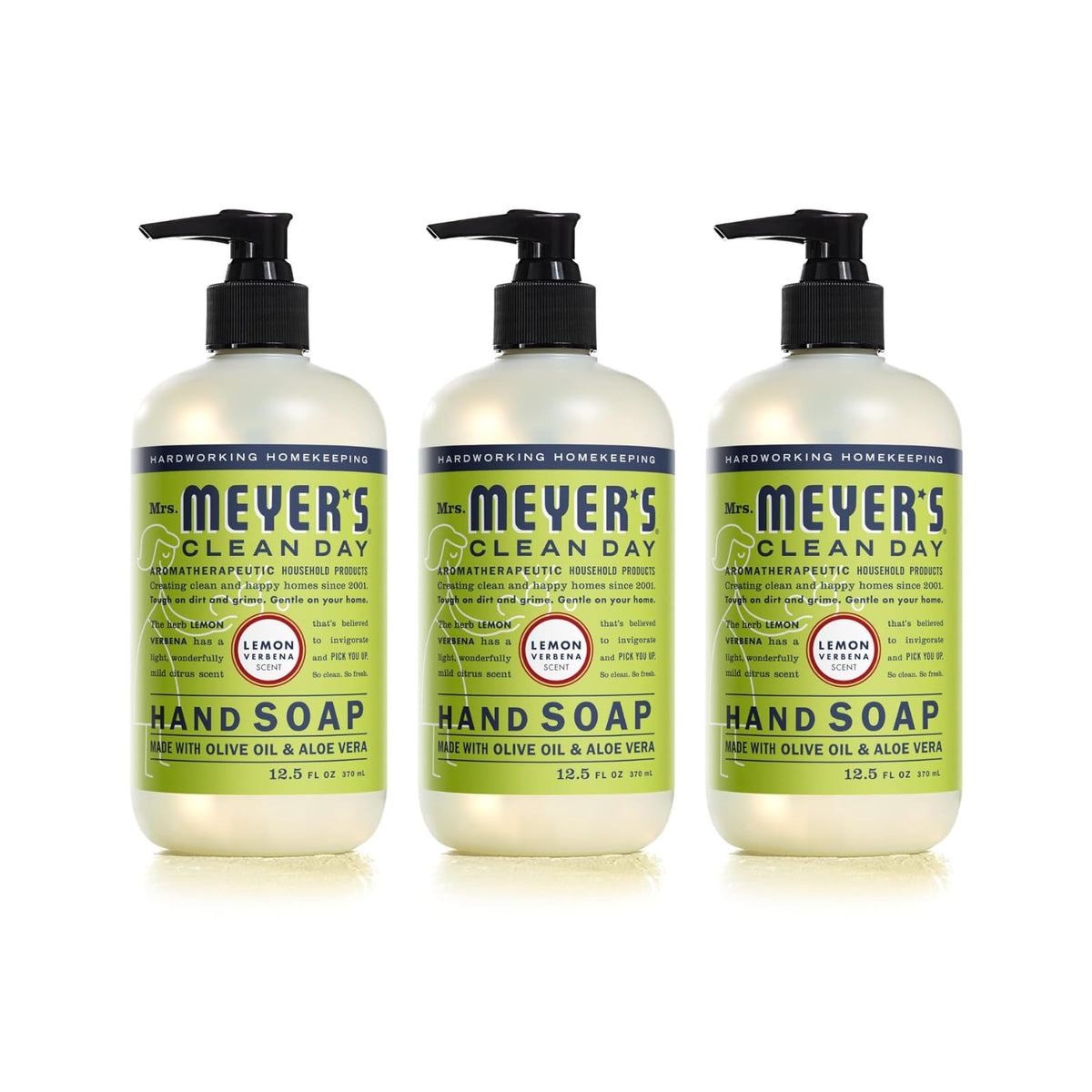 Mrs. Meyer's Clean Day Lemon Verbena bottle with bright citrus fragrance for refreshed hands.