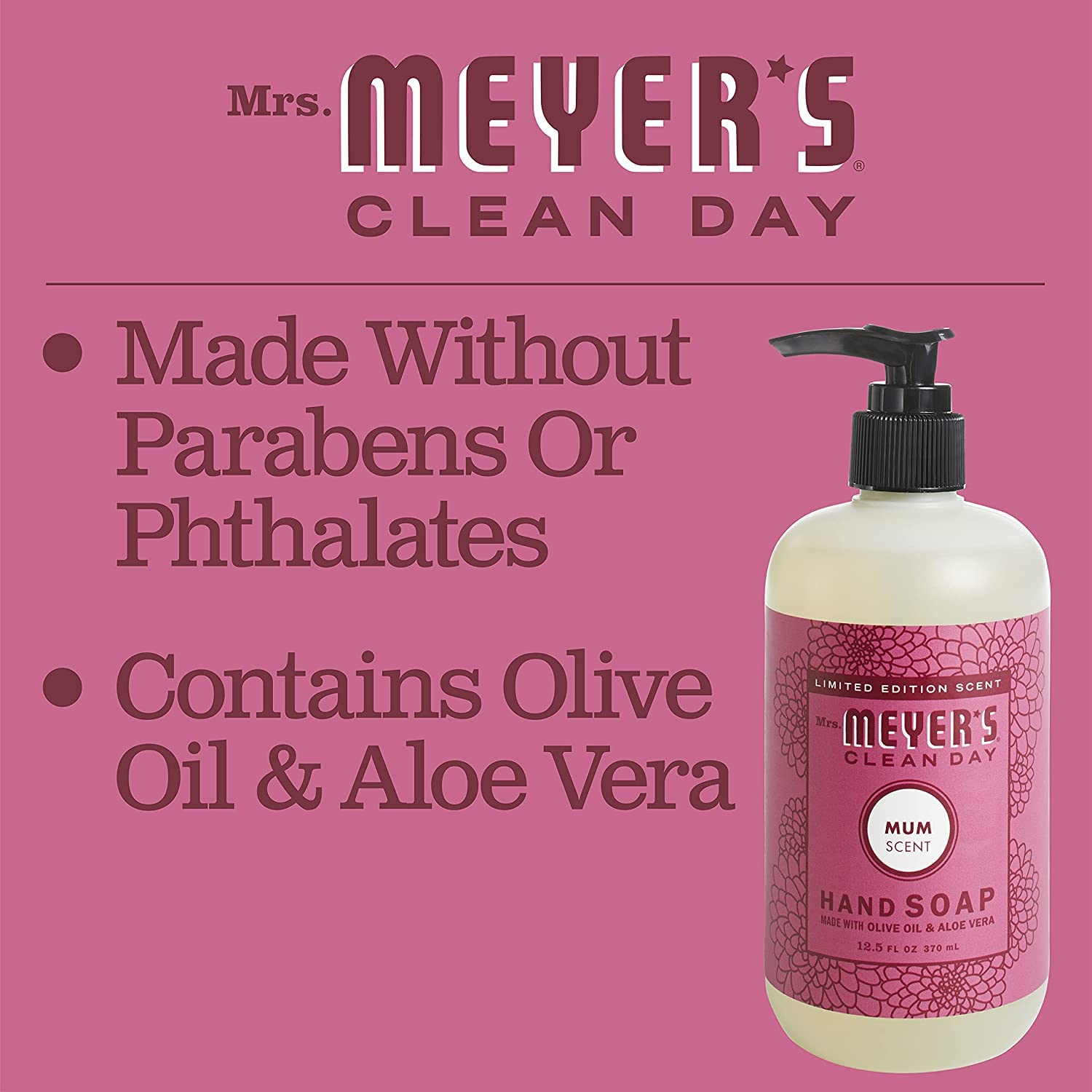 Mrs. Meyer's Mum product shot suggests versatile kitchen or bathroom placement.
