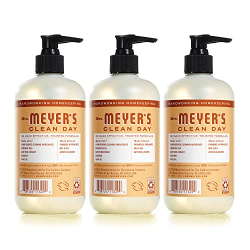 Mrs. Meyer's Clean Day Hand Soap Oat Blossom label closeup highlights scent
