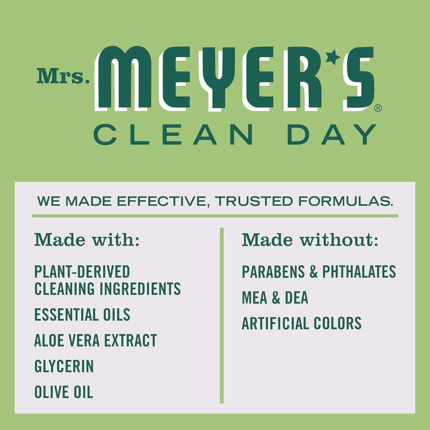 Mrs. Meyer's hand soap ingredients olive oil and aloe for gentle cleansing