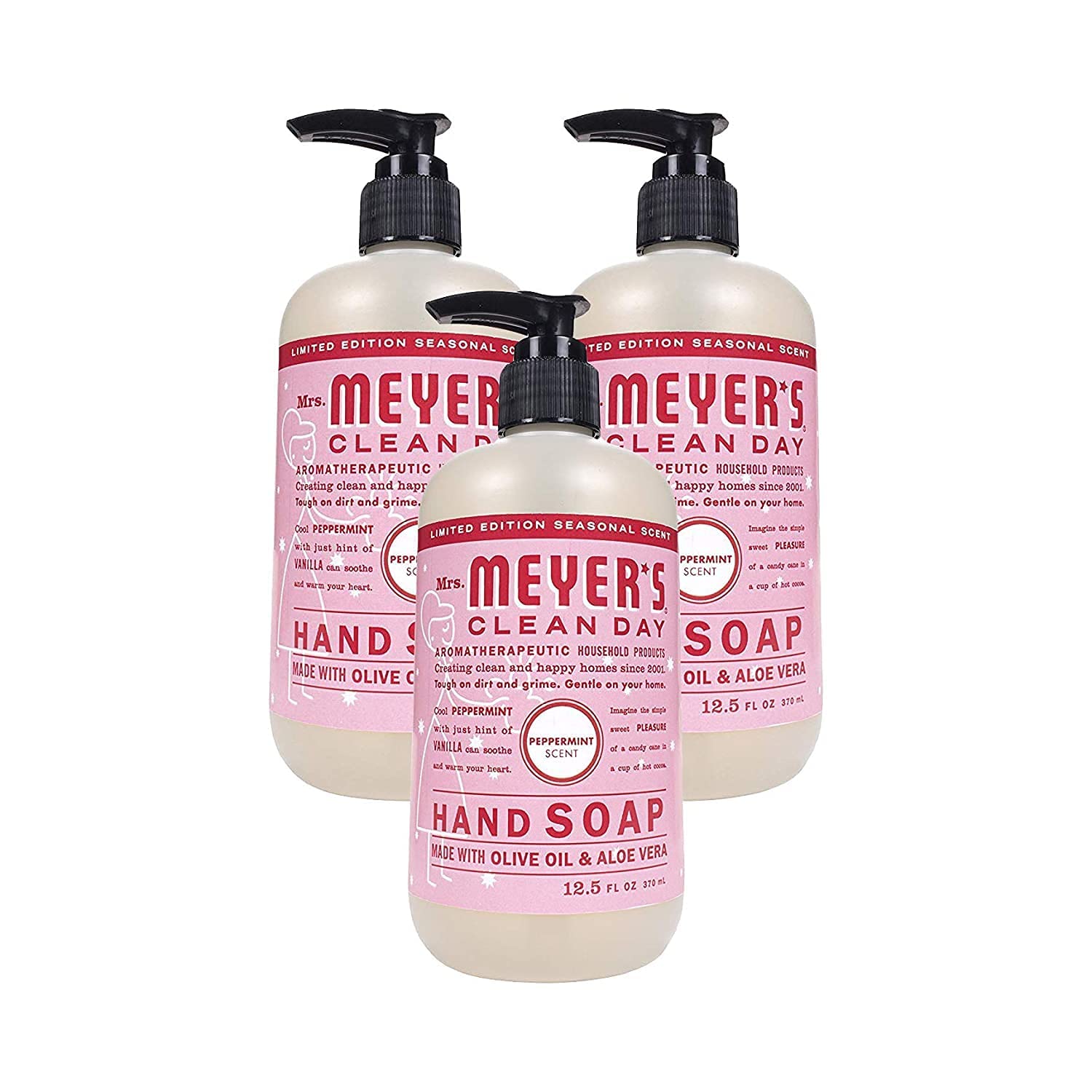 Mrs. Meyer's Clean Day peppermint bottle with fresh, non-drying hand care benefits.