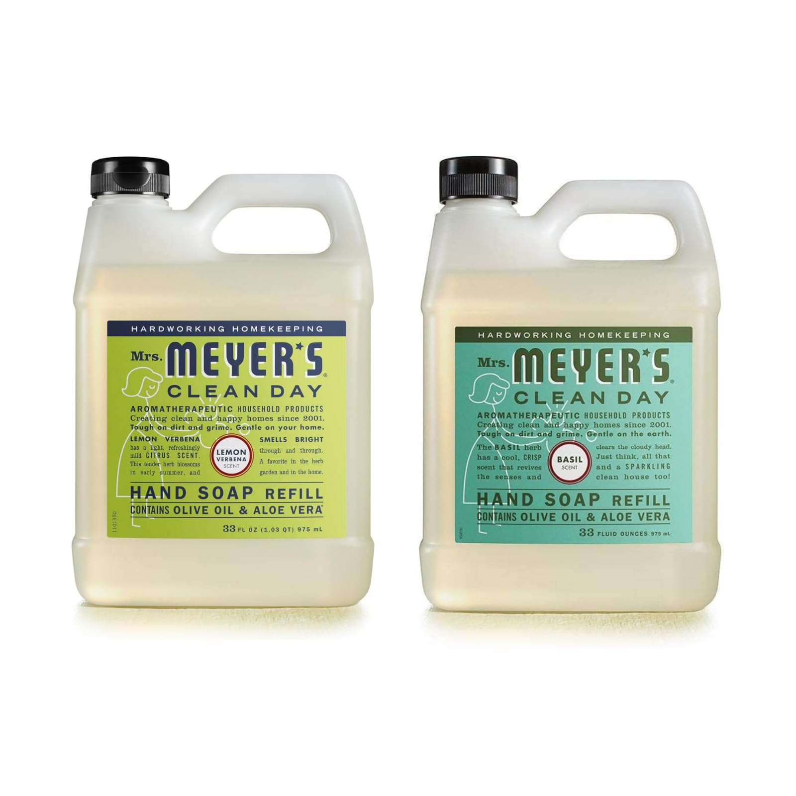 Mrs. Meyer's Clean Day Basil refill bottle front view for refreshed hands.