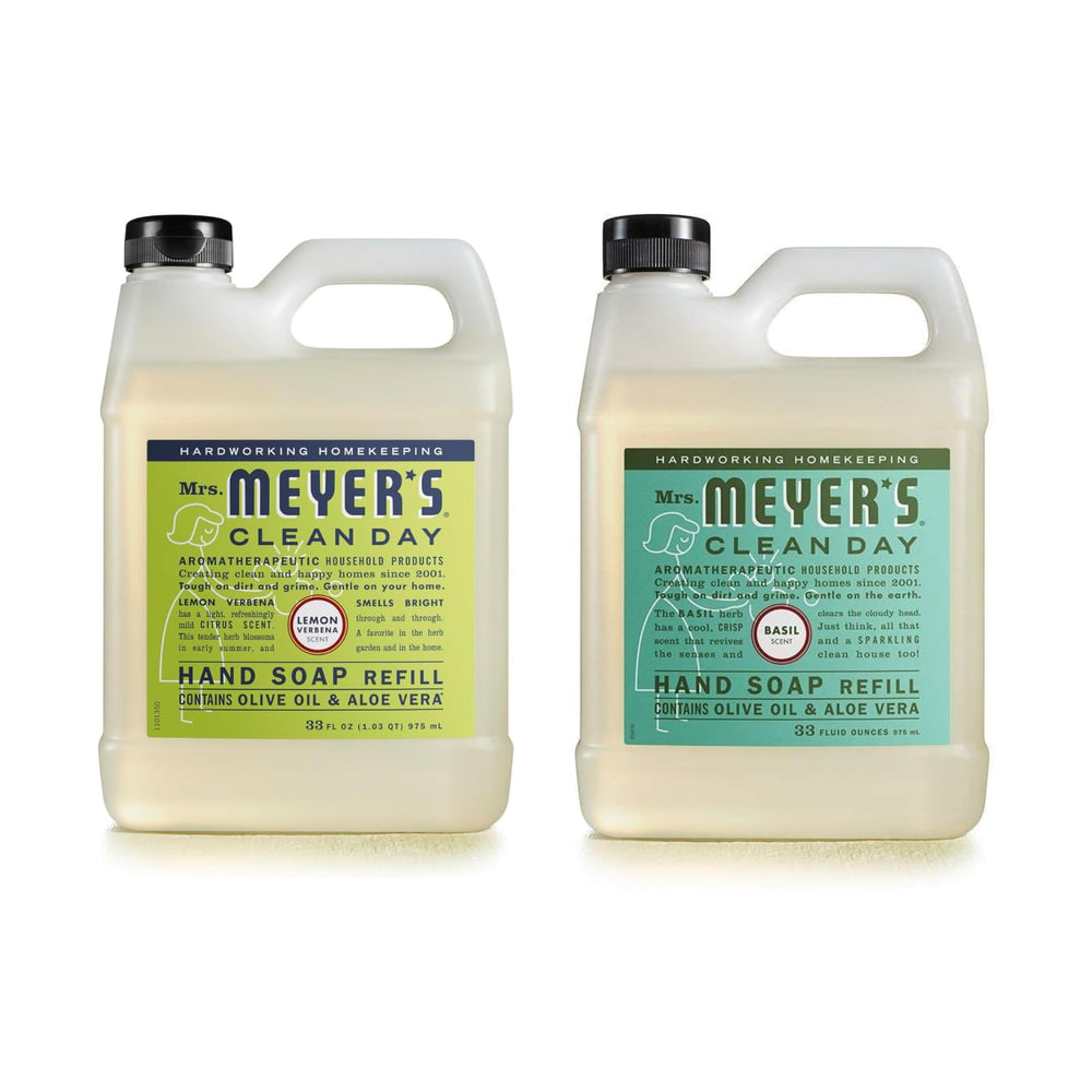 Mrs. Meyer's Clean Day Basil refill bottle front view for refreshed hands.