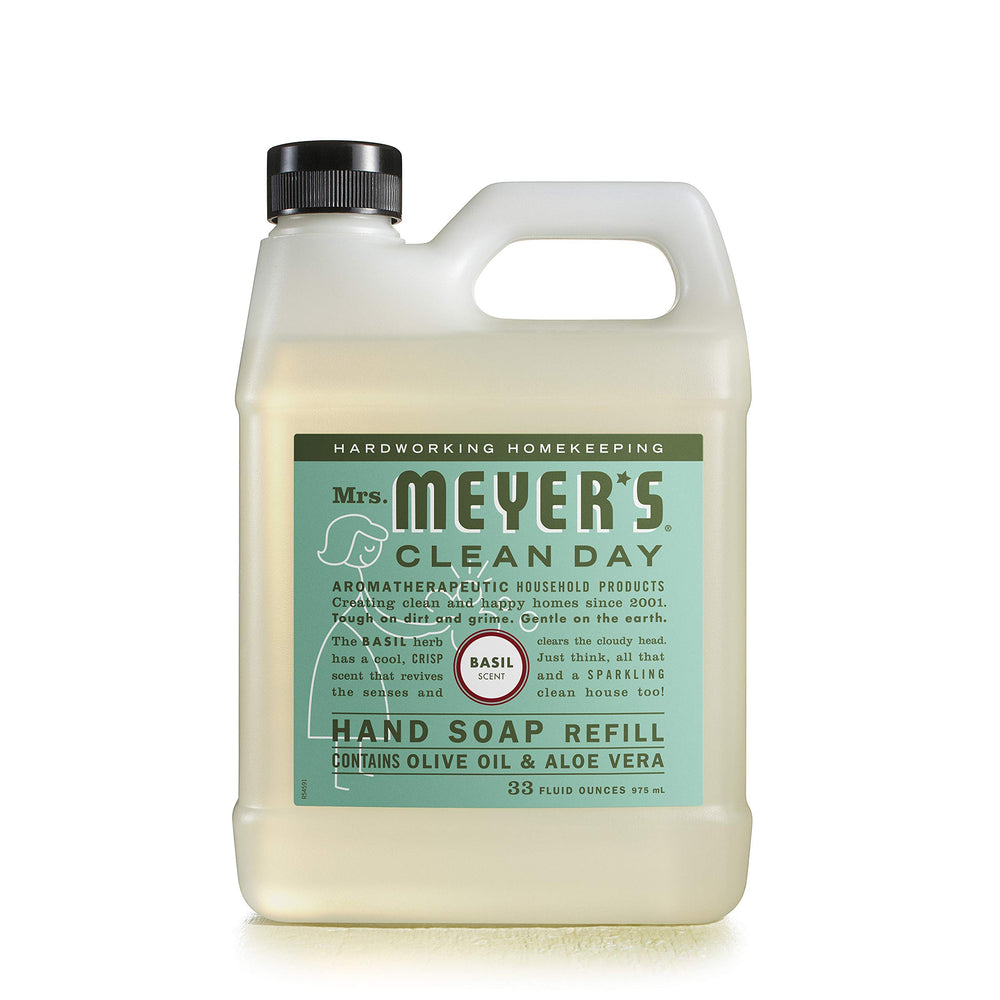 Mrs. Meyer's Clean Day Basil refill label close-up highlighting plant-derived fragrance.