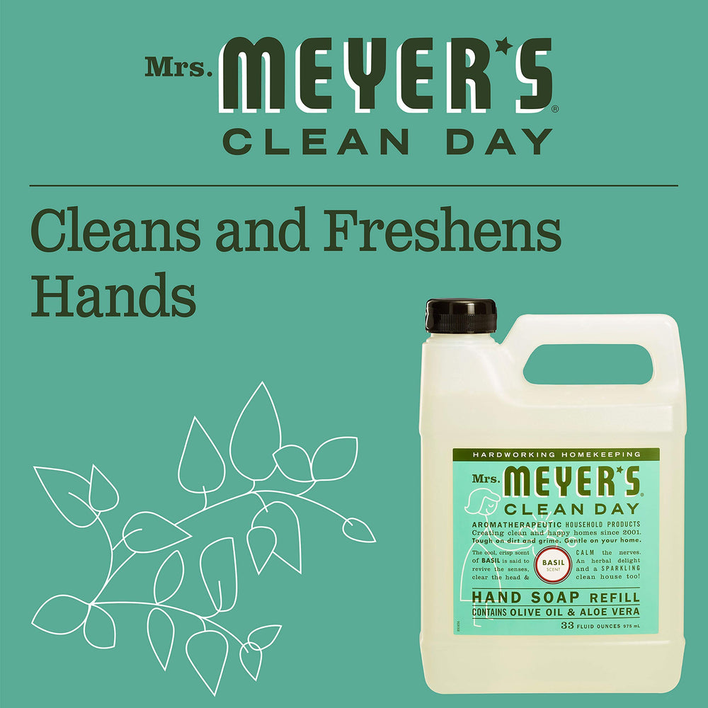 Mrs. Meyer's Clean Day refill in bathroom sink display for convenient hand washing.