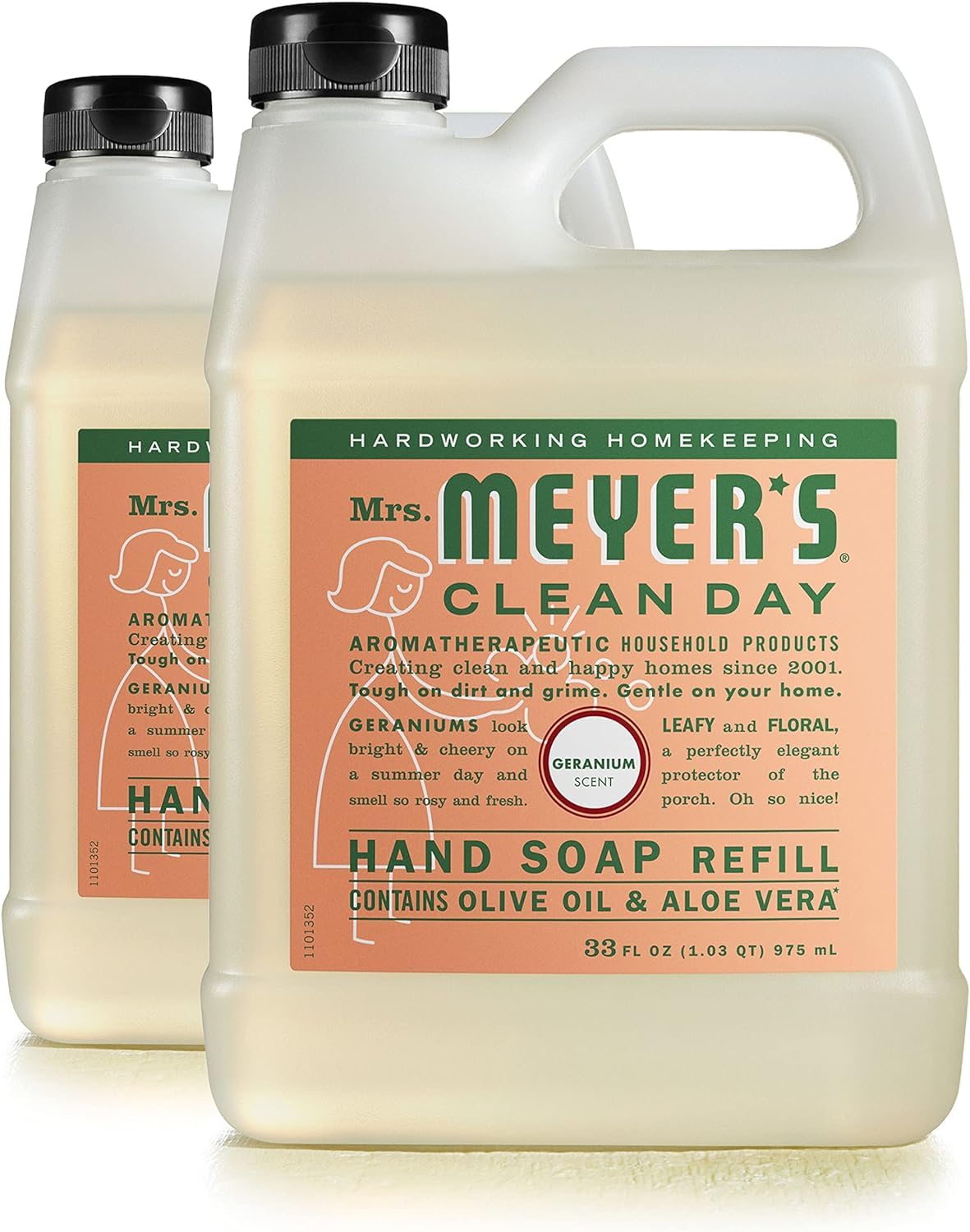 Mrs. Meyer's Clean Day hand soap refill 2-pack close-up showing rosy geranium scent